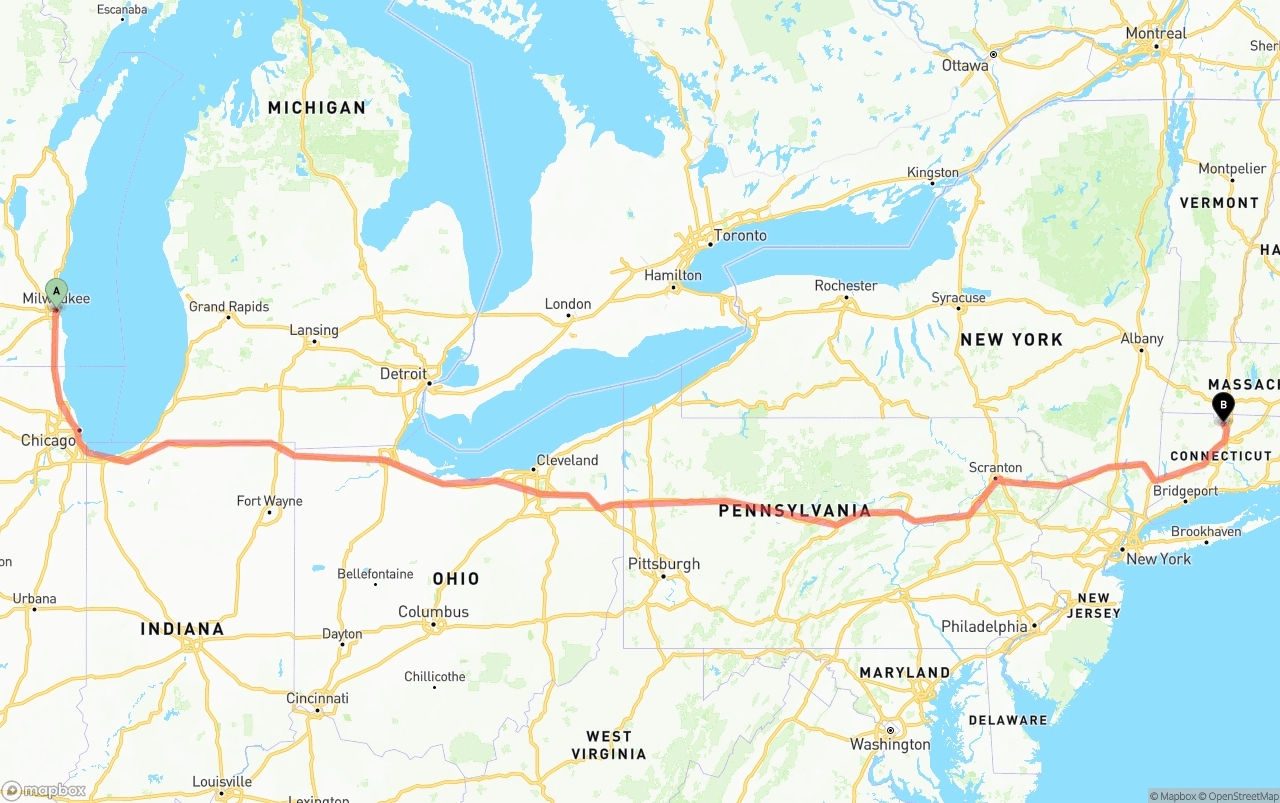 Shipping route from Milwaukee to Bradley International Airport