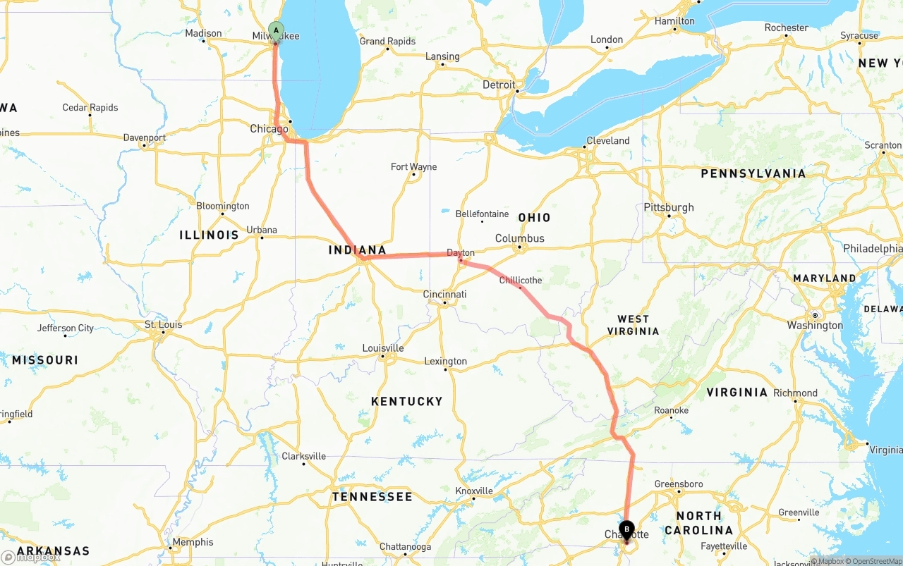 Shipping route from Milwaukee to Charlotte