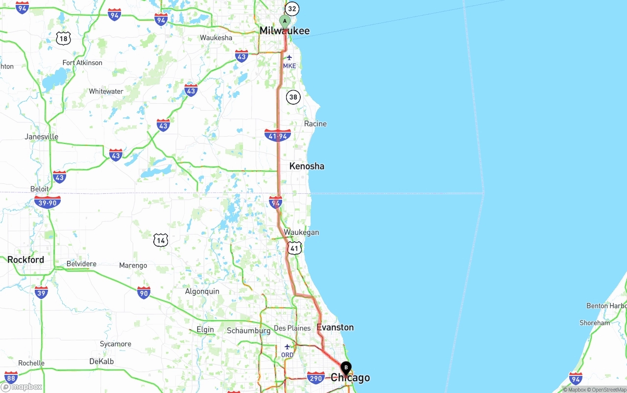 Shipping route from Milwaukee to Chicago