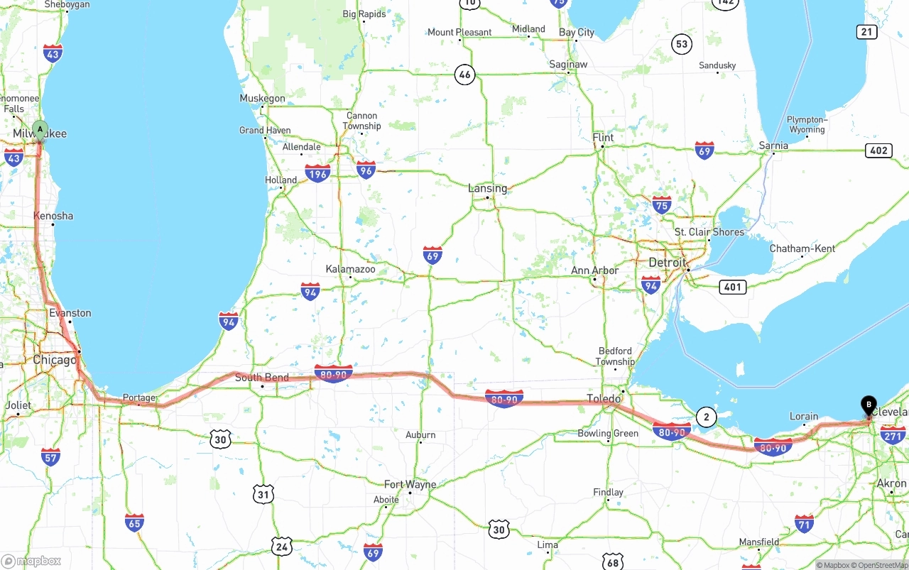 Shipping route from Milwaukee to Cleveland