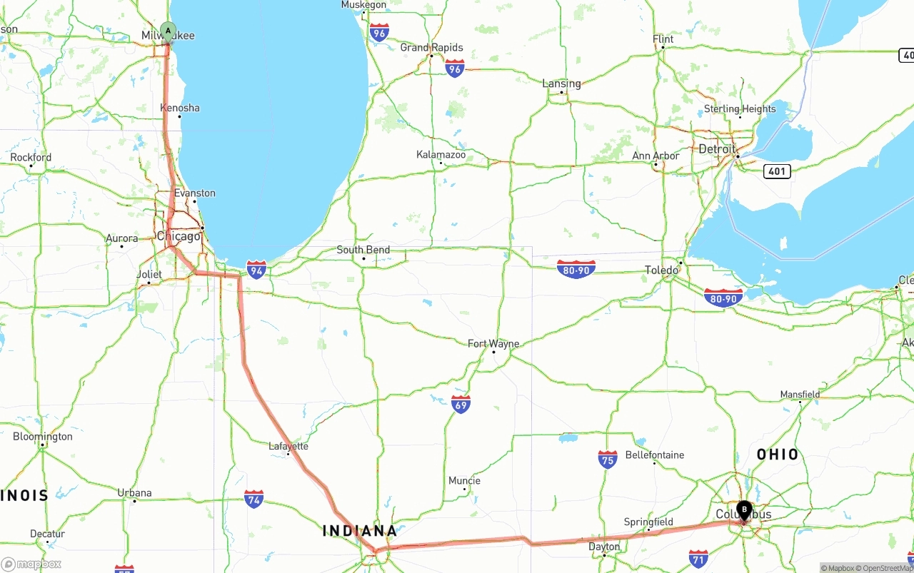Shipping route from Milwaukee to Columbus