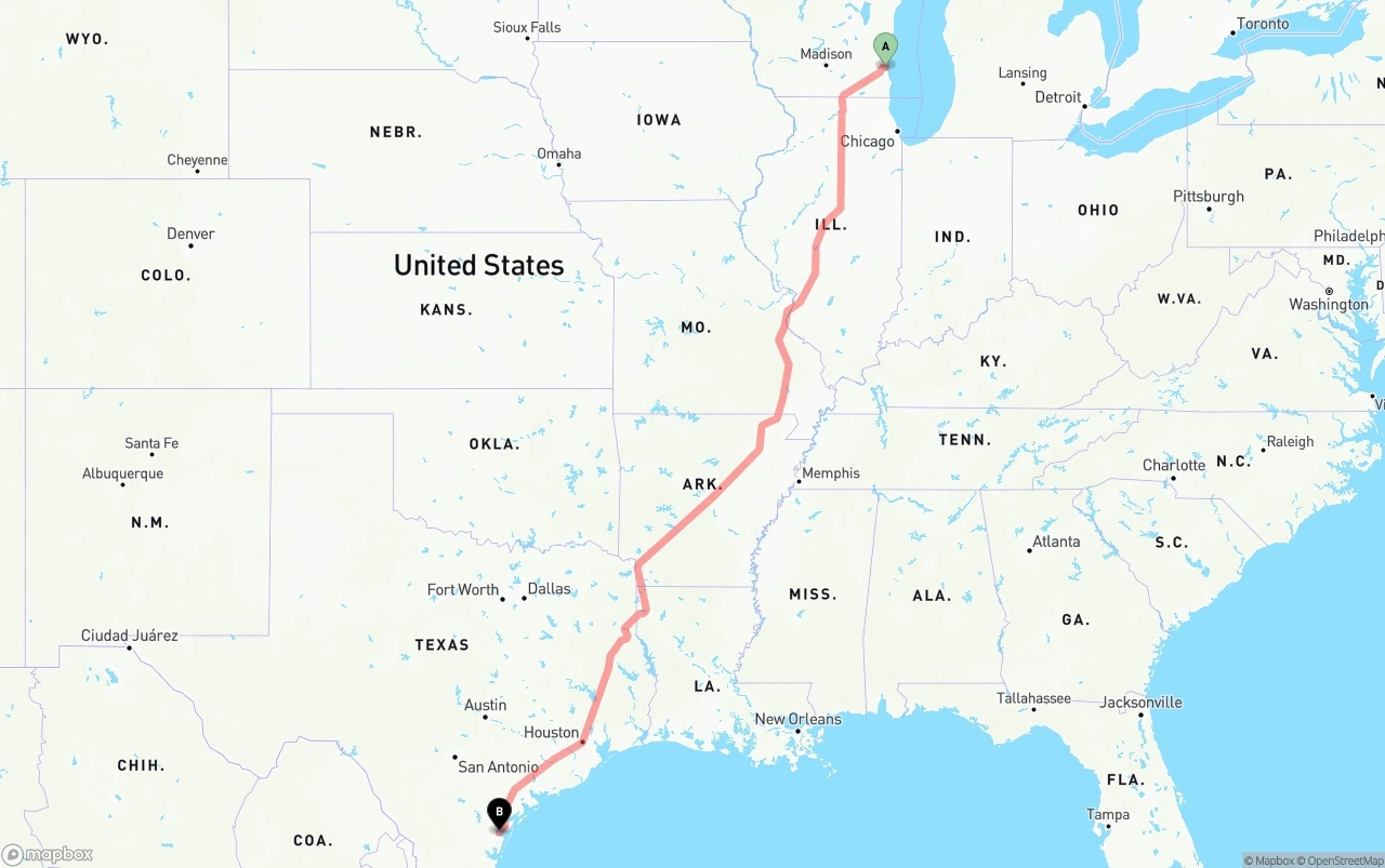 Shipping route from Milwaukee to Corpus Christi