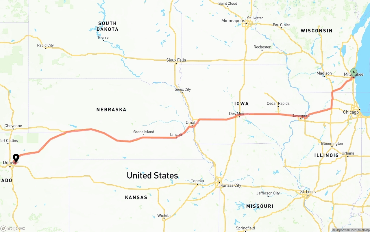 Shipping route from Milwaukee to Denver International Airport