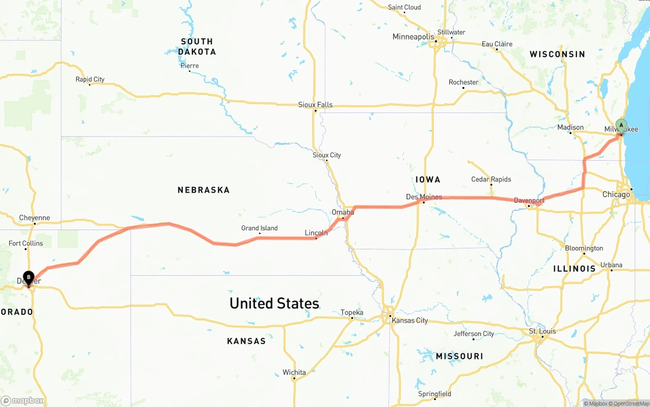 Shipping route from Milwaukee to Denver
