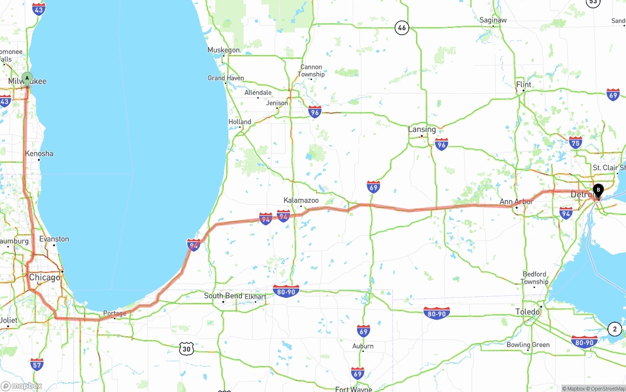 Shipping route from Milwaukee to Detroit