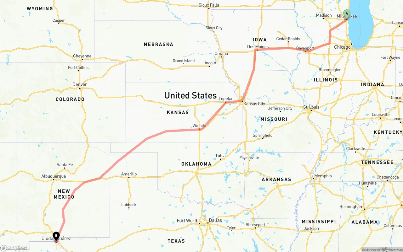 Shipping route from Milwaukee to El Paso