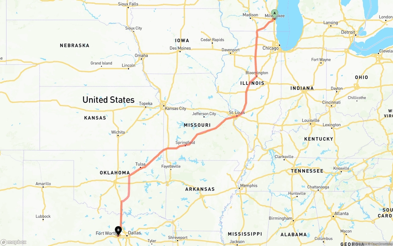 Shipping route from Milwaukee to Fort Worth