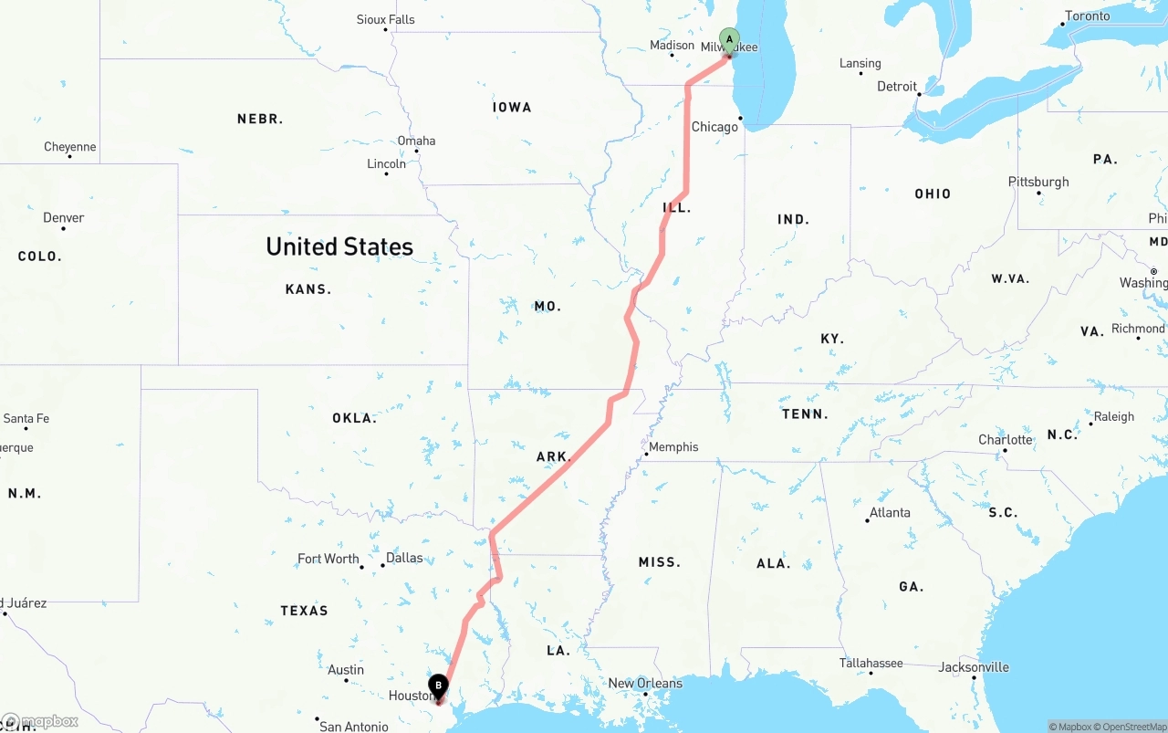 Shipping route from Milwaukee to Houston