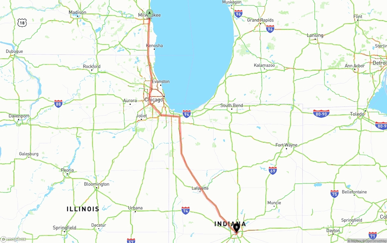 Shipping route from Milwaukee to Indianapolis