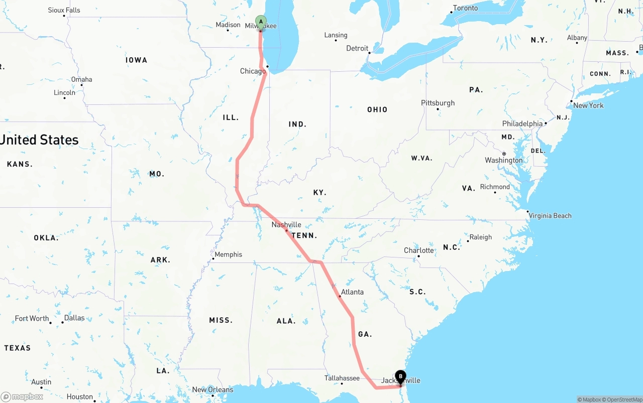 Shipping route from Milwaukee to Jacksonville