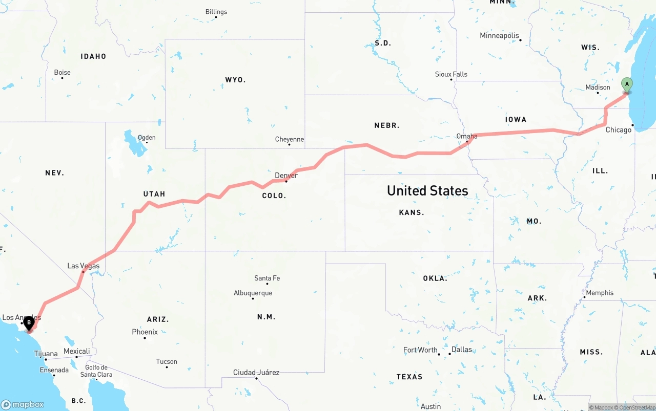 Shipping route from Milwaukee to John Wayne Airport — Orange County