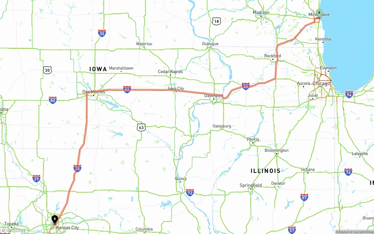 Shipping route from Milwaukee to Kansas City