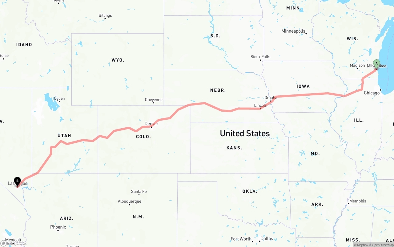 Shipping route from Milwaukee to Las Vegas