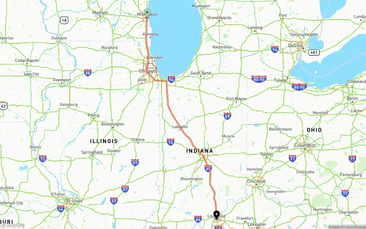 Shipping route from Milwaukee to Louisville