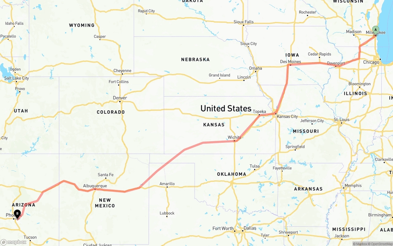 Shipping route from Milwaukee to Mesa