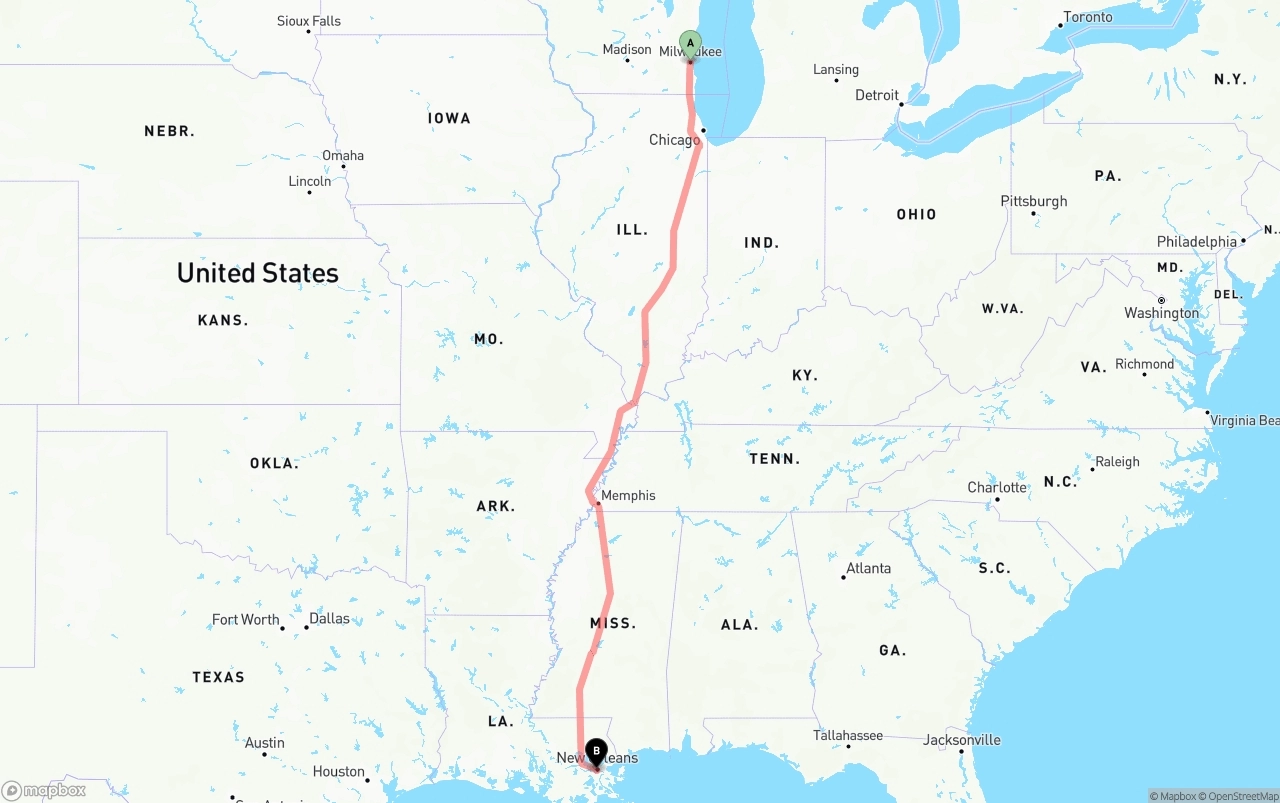Shipping route from Milwaukee to New Orleans