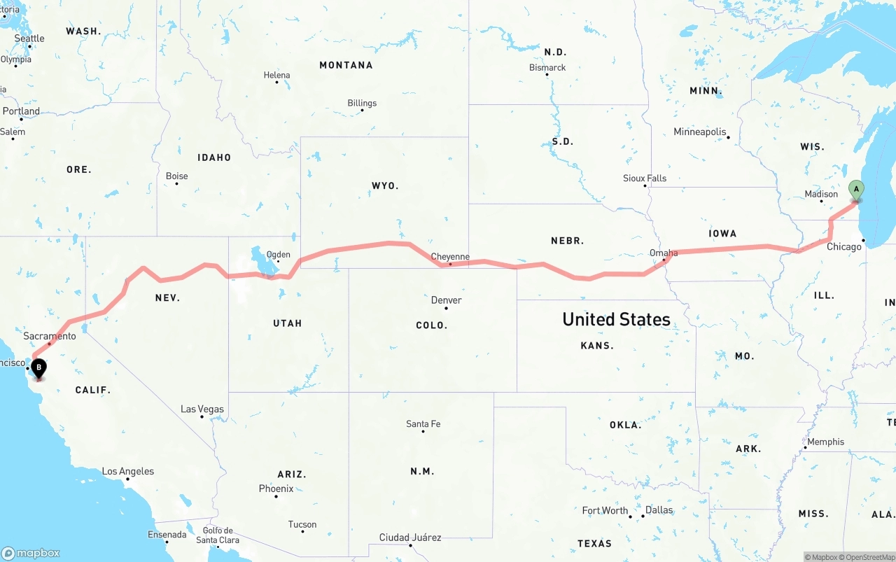 Shipping route from Milwaukee to Norman Y. Mineta San Jose International Airport