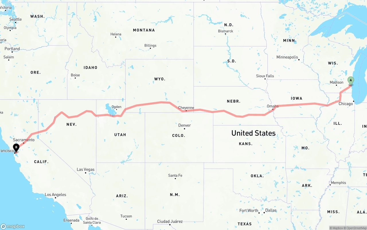 Shipping route from Milwaukee to Oakland