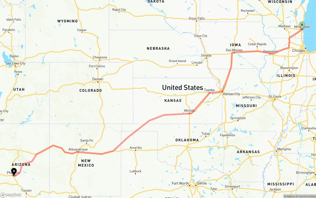 Shipping route from Milwaukee to Phoenix Sky Harbor International Airport