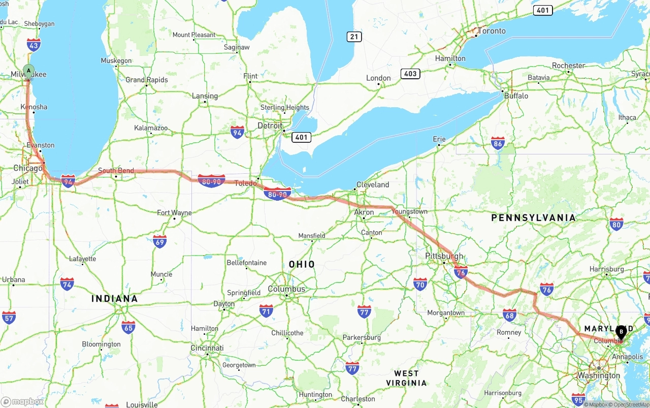 Shipping route from Milwaukee to Port of Baltimore
