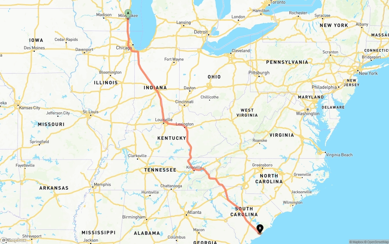 Shipping route from Milwaukee to Port of Charleston