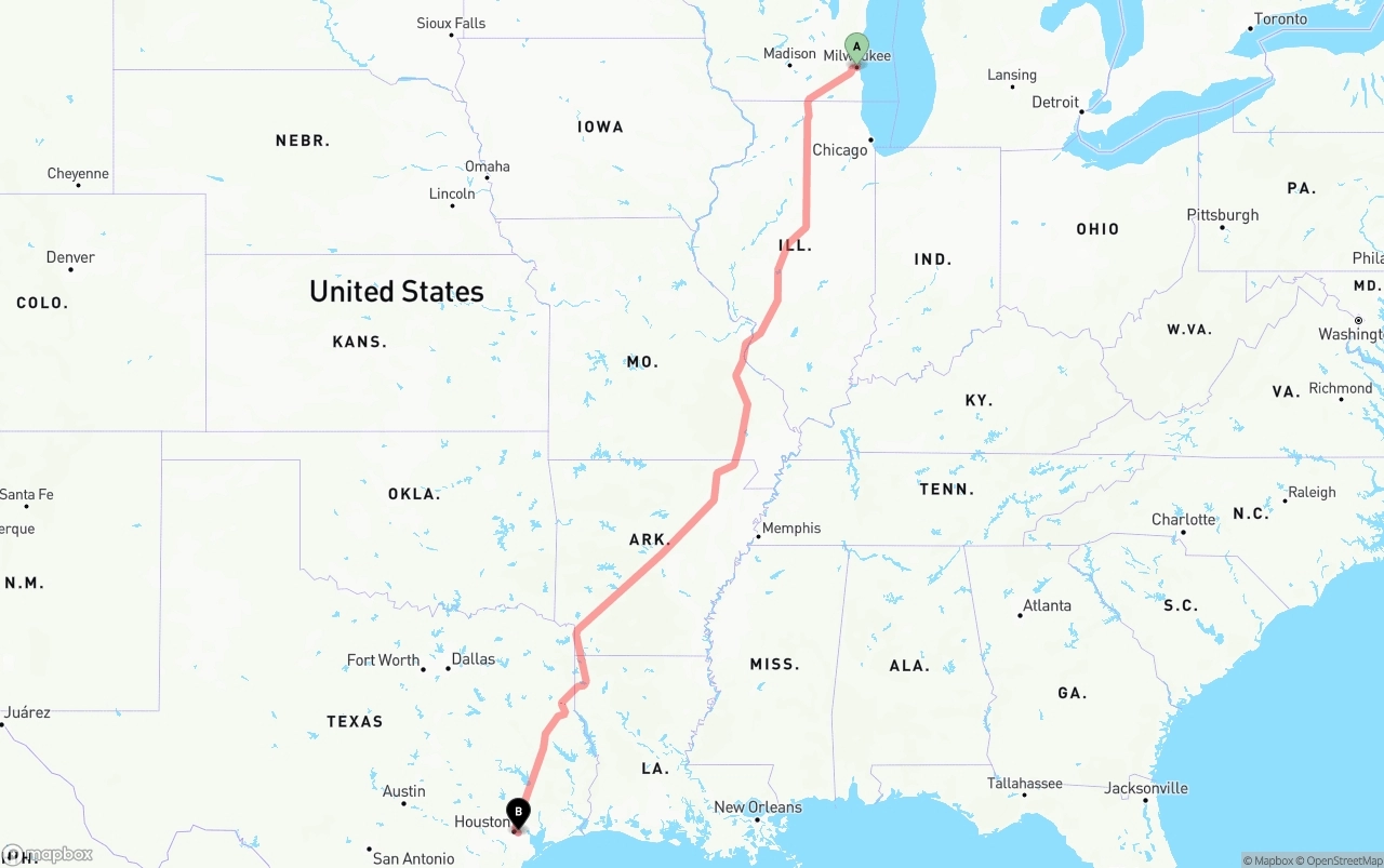 Shipping route from Milwaukee to Port of Houston