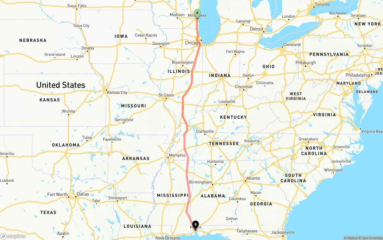 Shipping route from Milwaukee to Port of Mobile