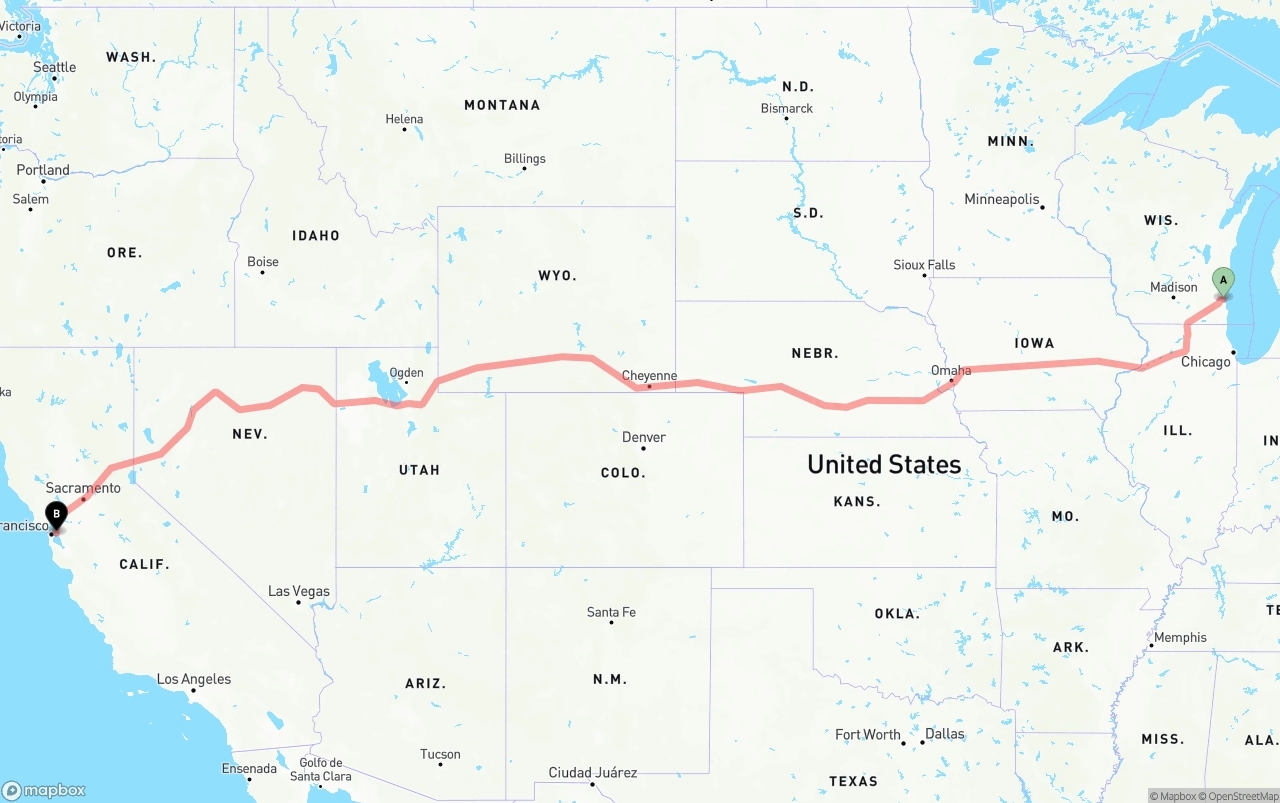 Shipping route from Milwaukee to Port of Oakland