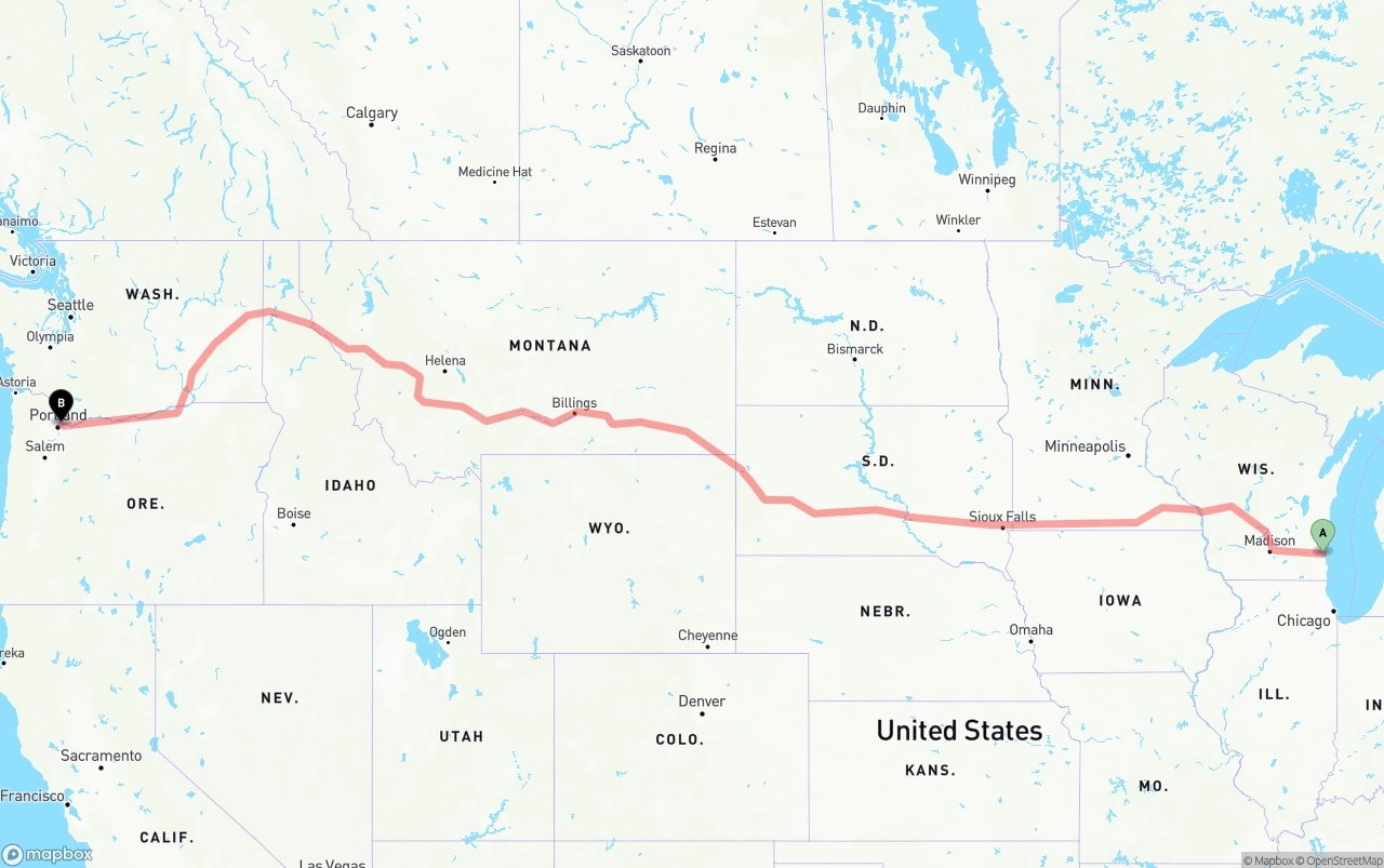 Shipping route from Milwaukee to Portland International Airport