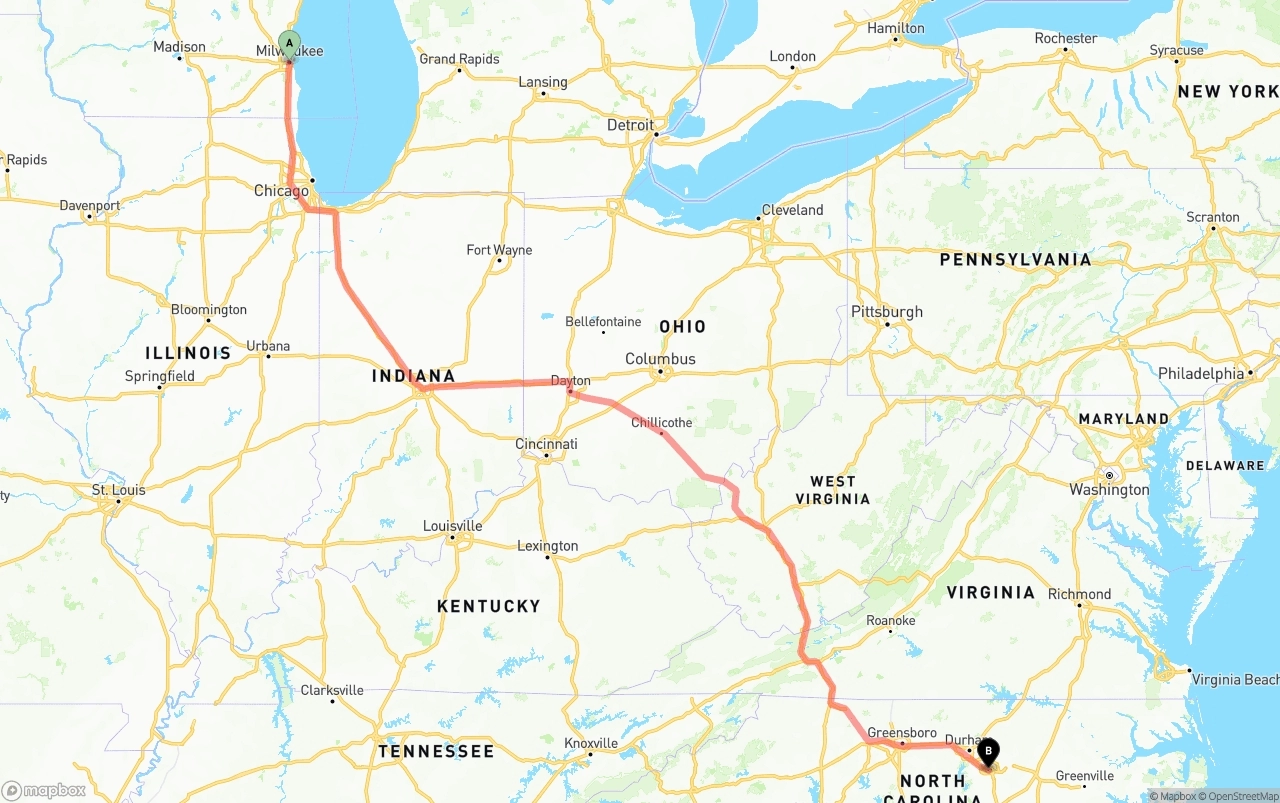 Shipping route from Milwaukee to Raleigh