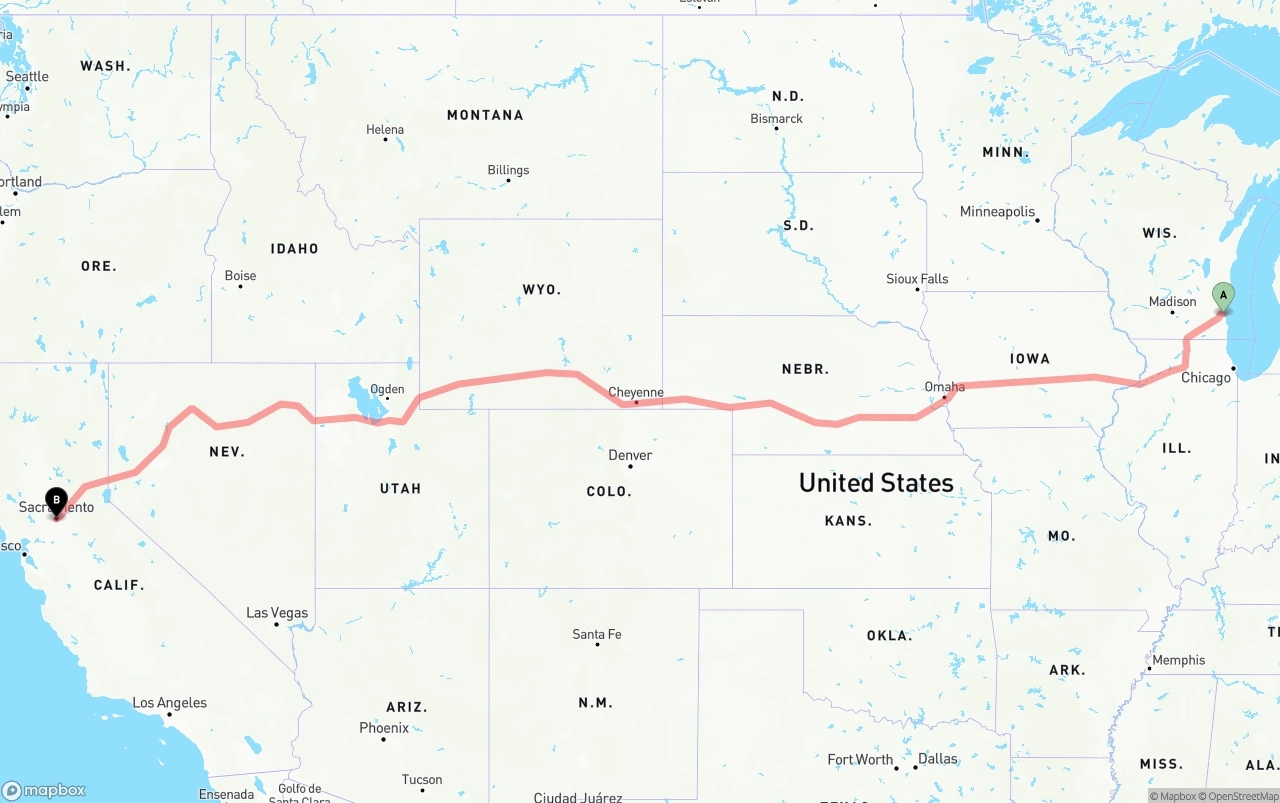Shipping route from Milwaukee to Sacramento