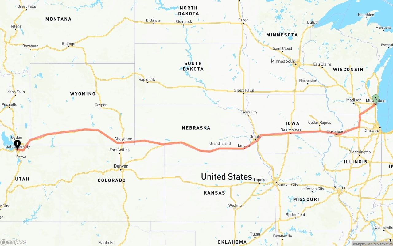 Shipping route from Milwaukee to Salt Lake City