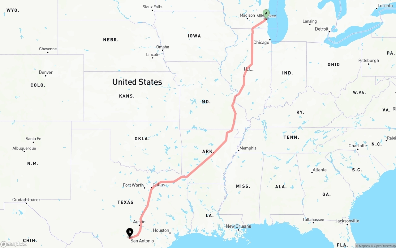 Shipping route from Milwaukee to San Antonio