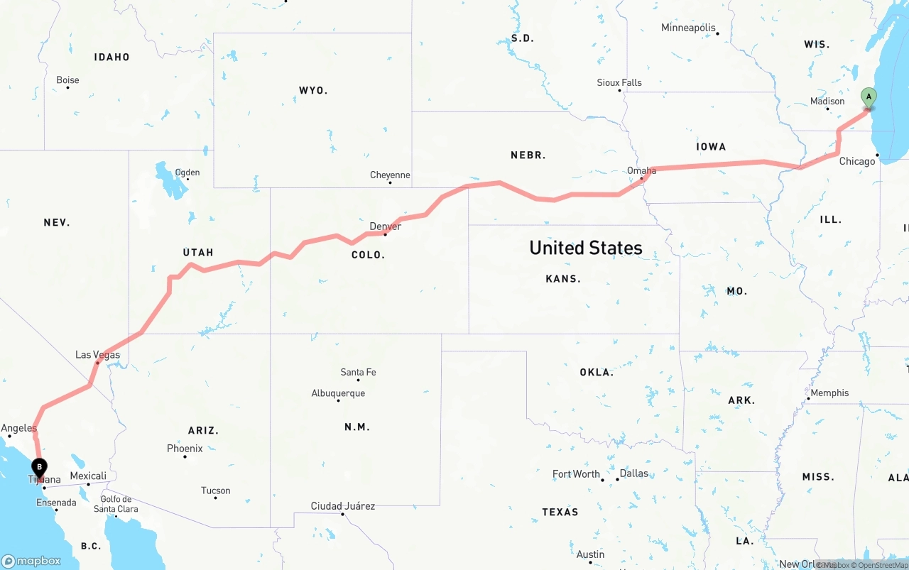 Shipping route from Milwaukee to San Diego International Airport
