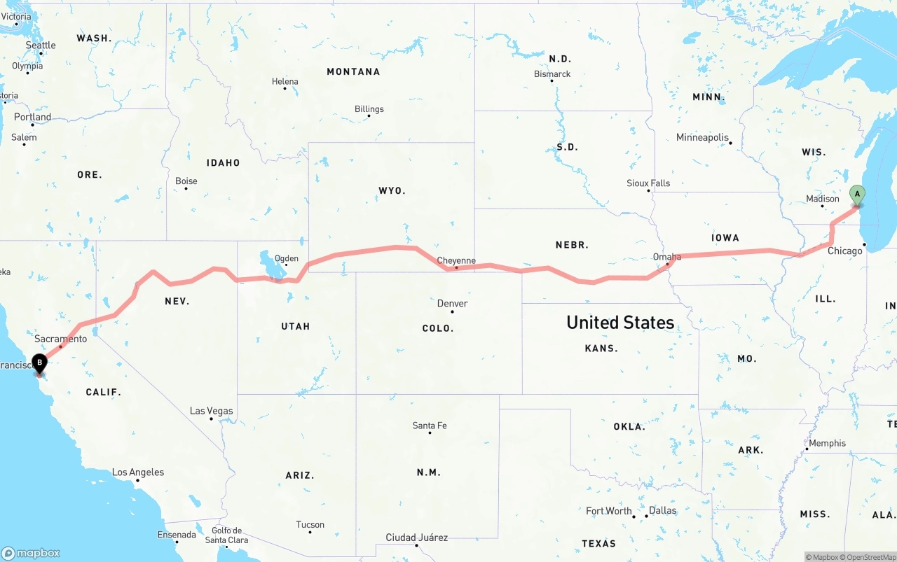 Shipping route from Milwaukee to San Francisco International Airport