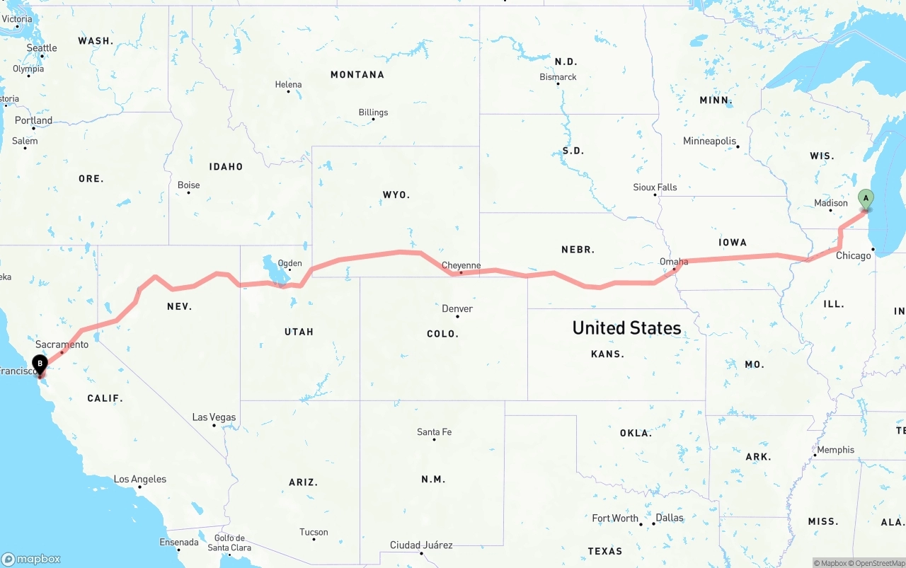 Shipping route from Milwaukee to San Francisco