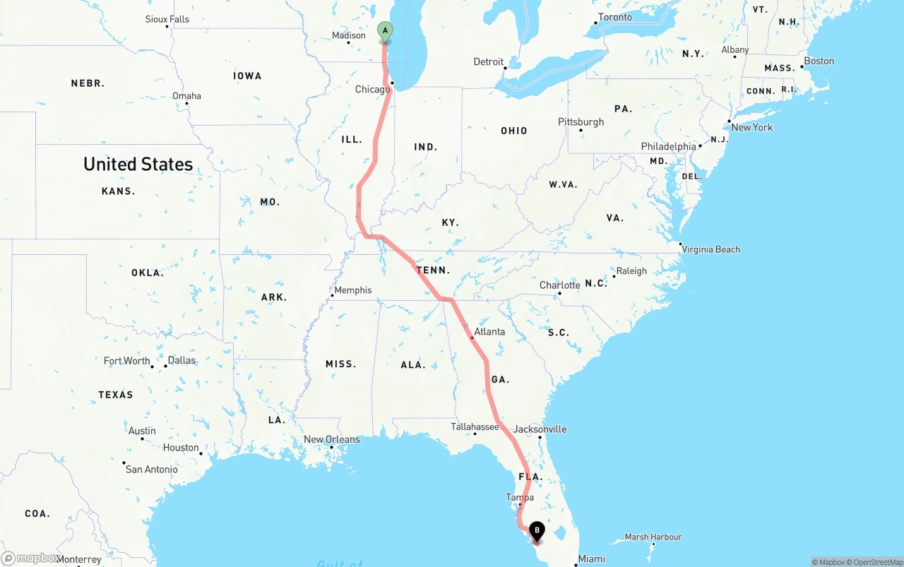Shipping route from Milwaukee to Southwest Florida International Airport