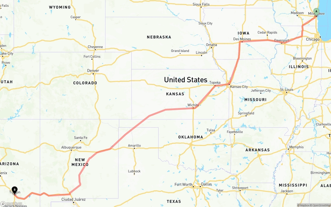 Shipping route from Milwaukee to Tucson