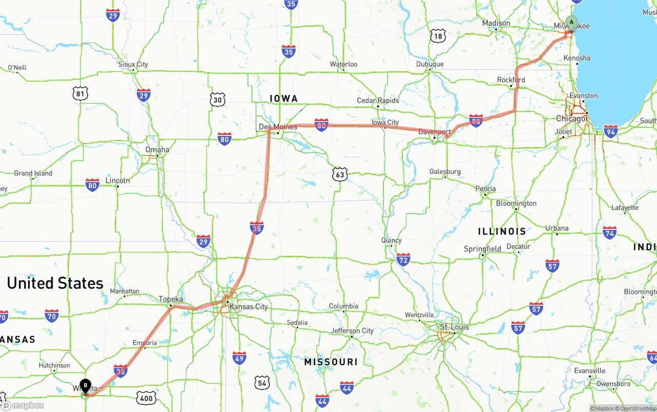 Shipping route from Milwaukee to Wichita