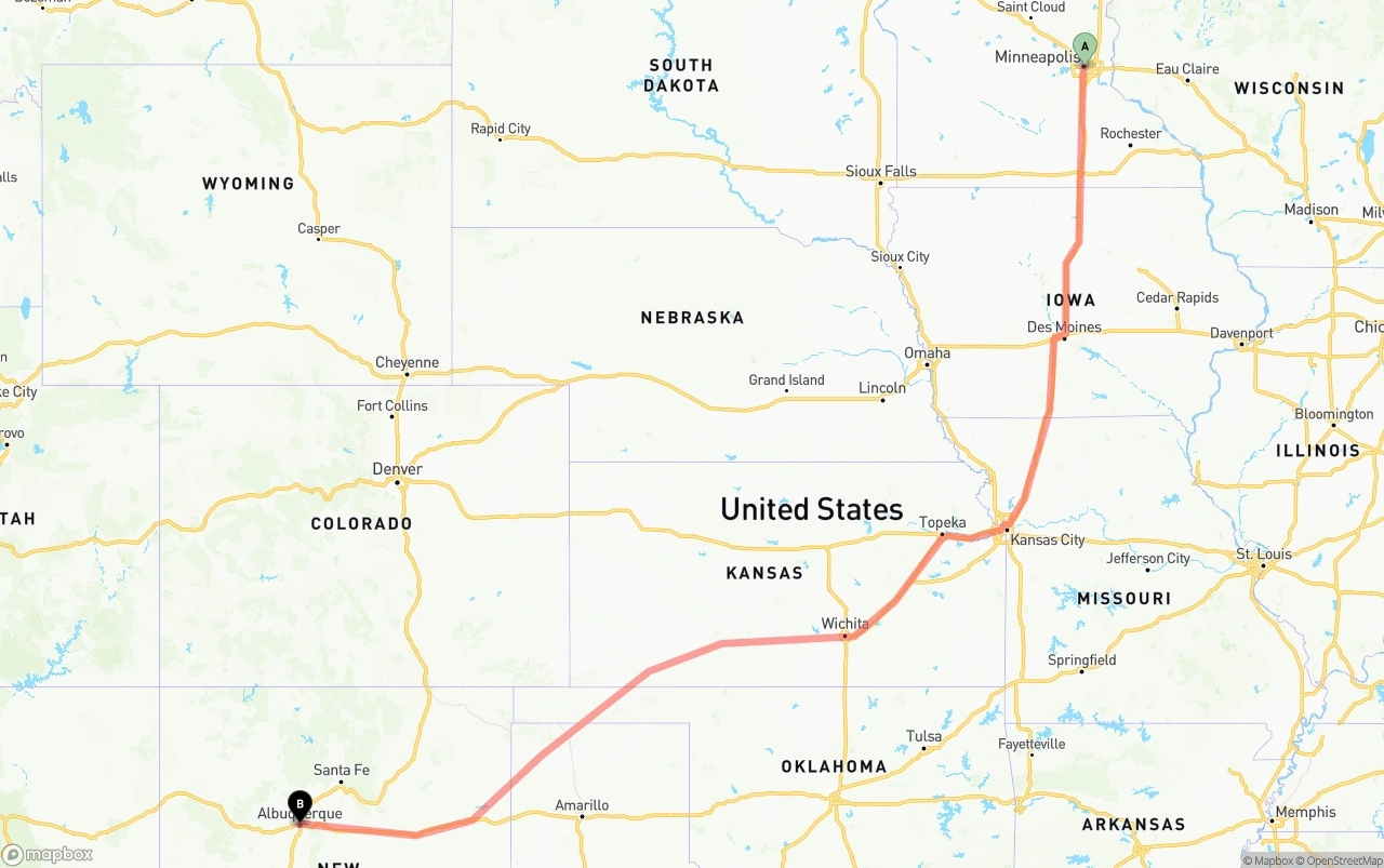 Shipping route from Minneapolis to Albuquerque