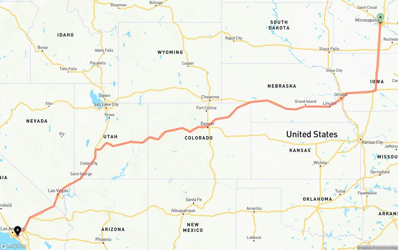 Shipping route from Minneapolis to Anaheim