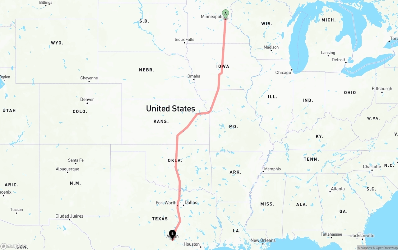 Shipping route from Minneapolis to Austin
