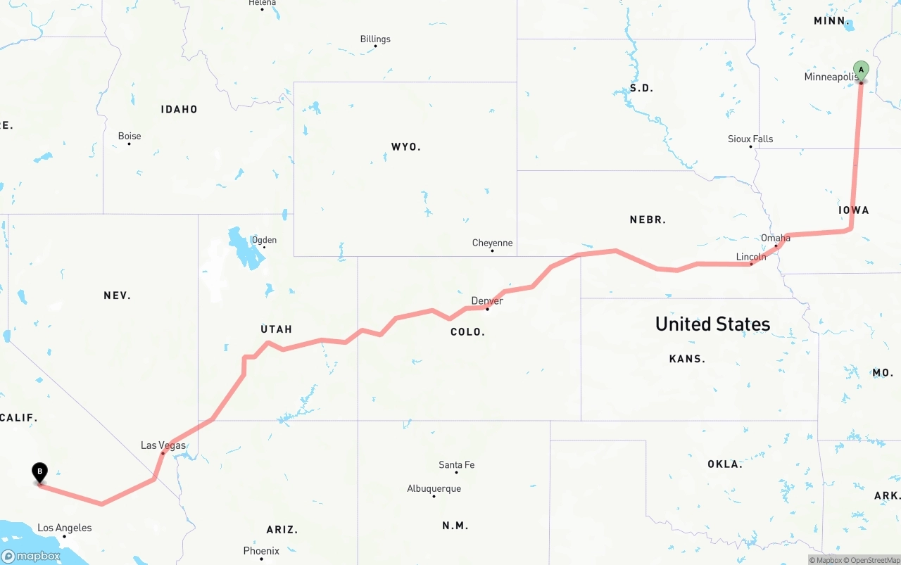Shipping route from Minneapolis to Bakersfield