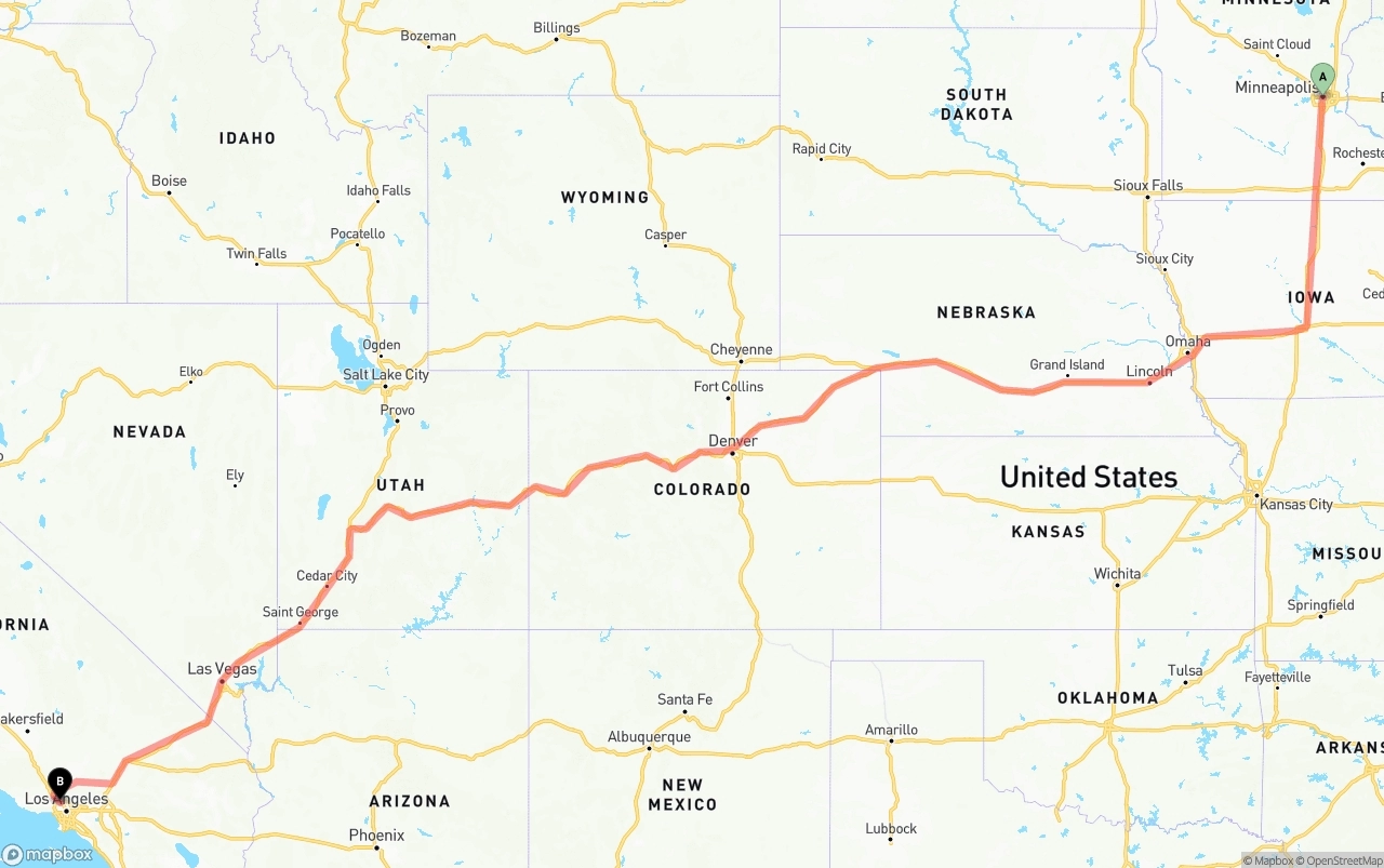 Shipping route from Minneapolis to Bob Hope Airport