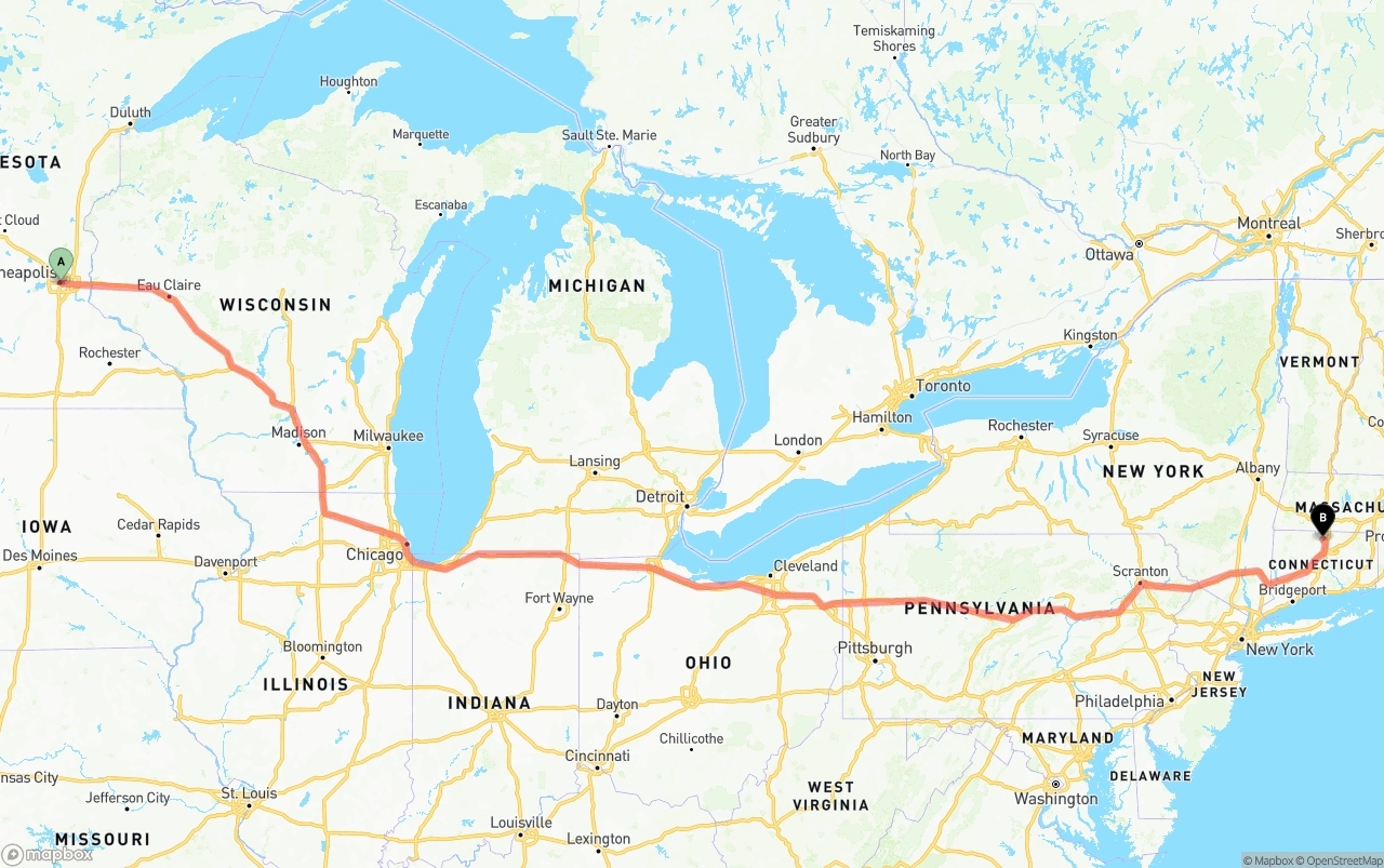Shipping route from Minneapolis to Bradley International Airport