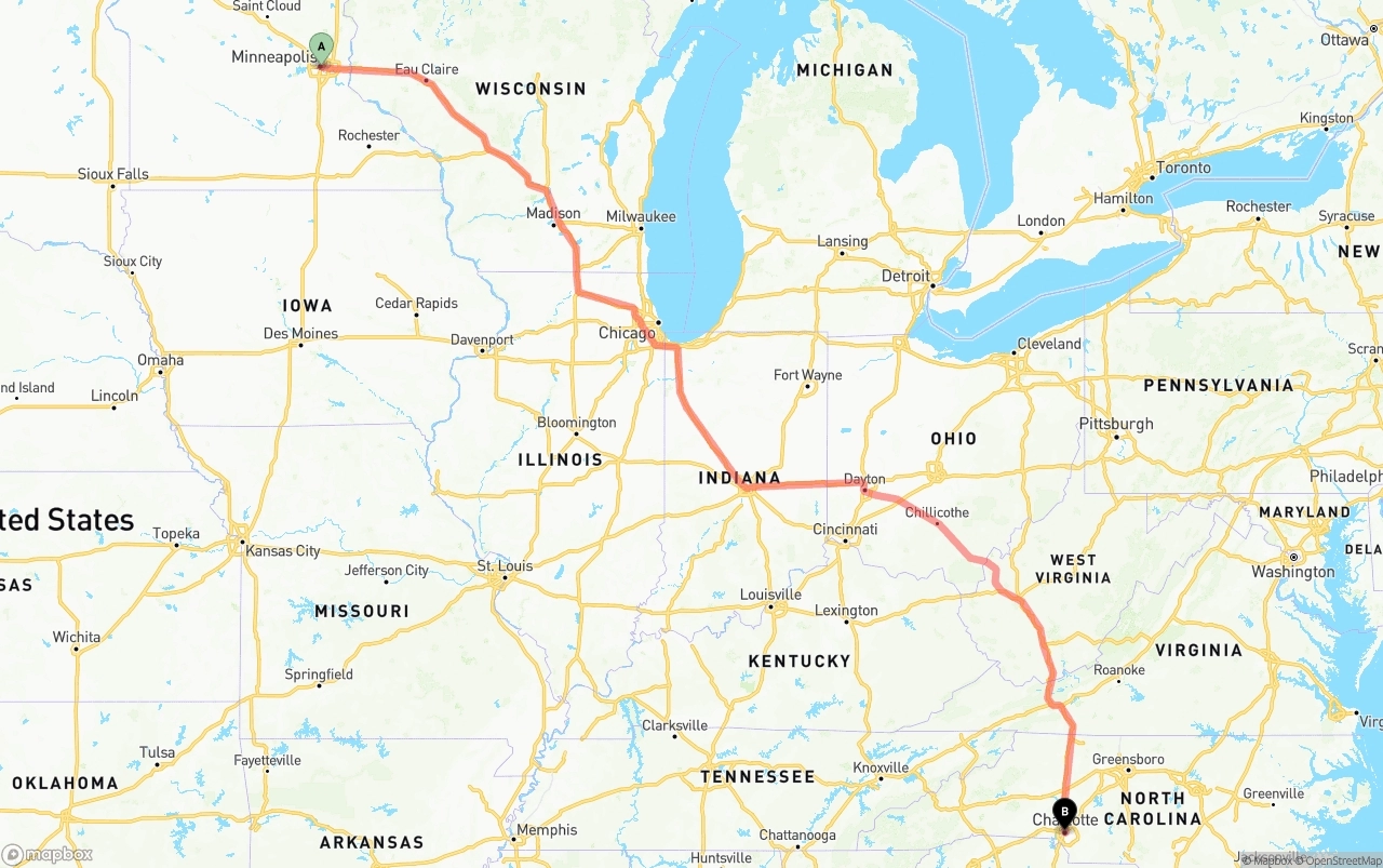 Shipping route from Minneapolis to Charlotte