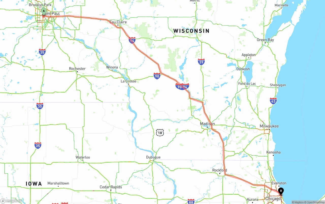 Shipping route from Minneapolis to Chicago
