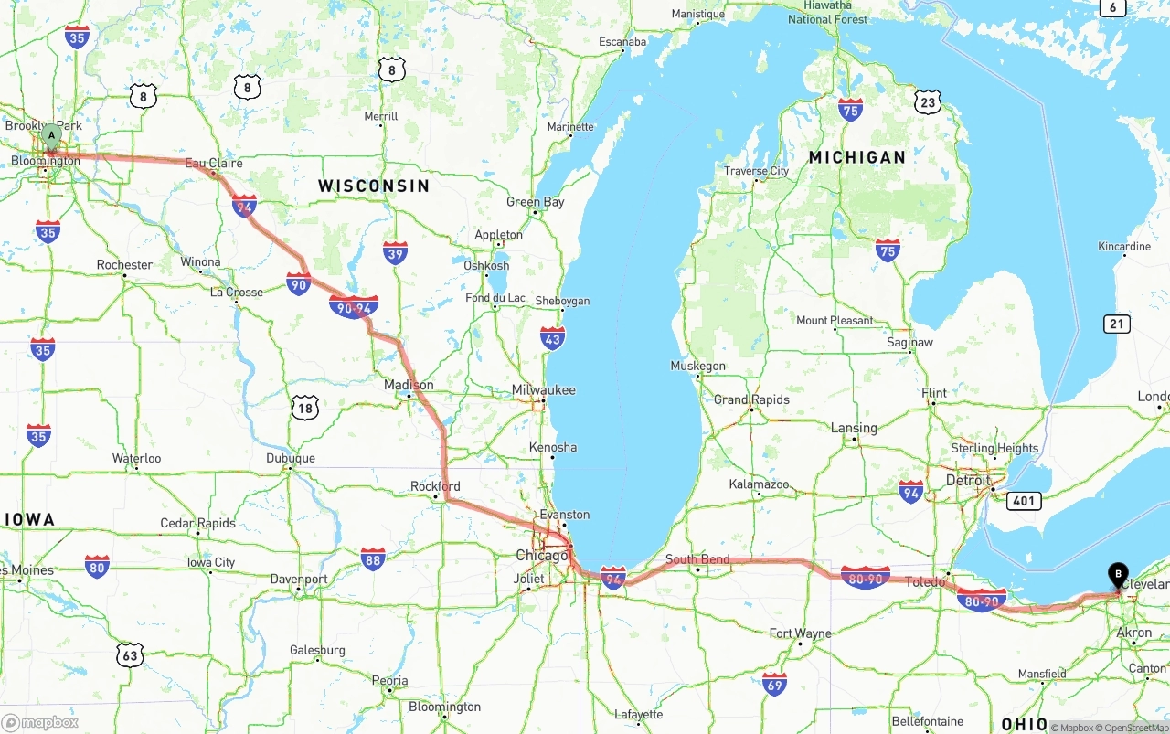 Shipping route from Minneapolis to Cleveland