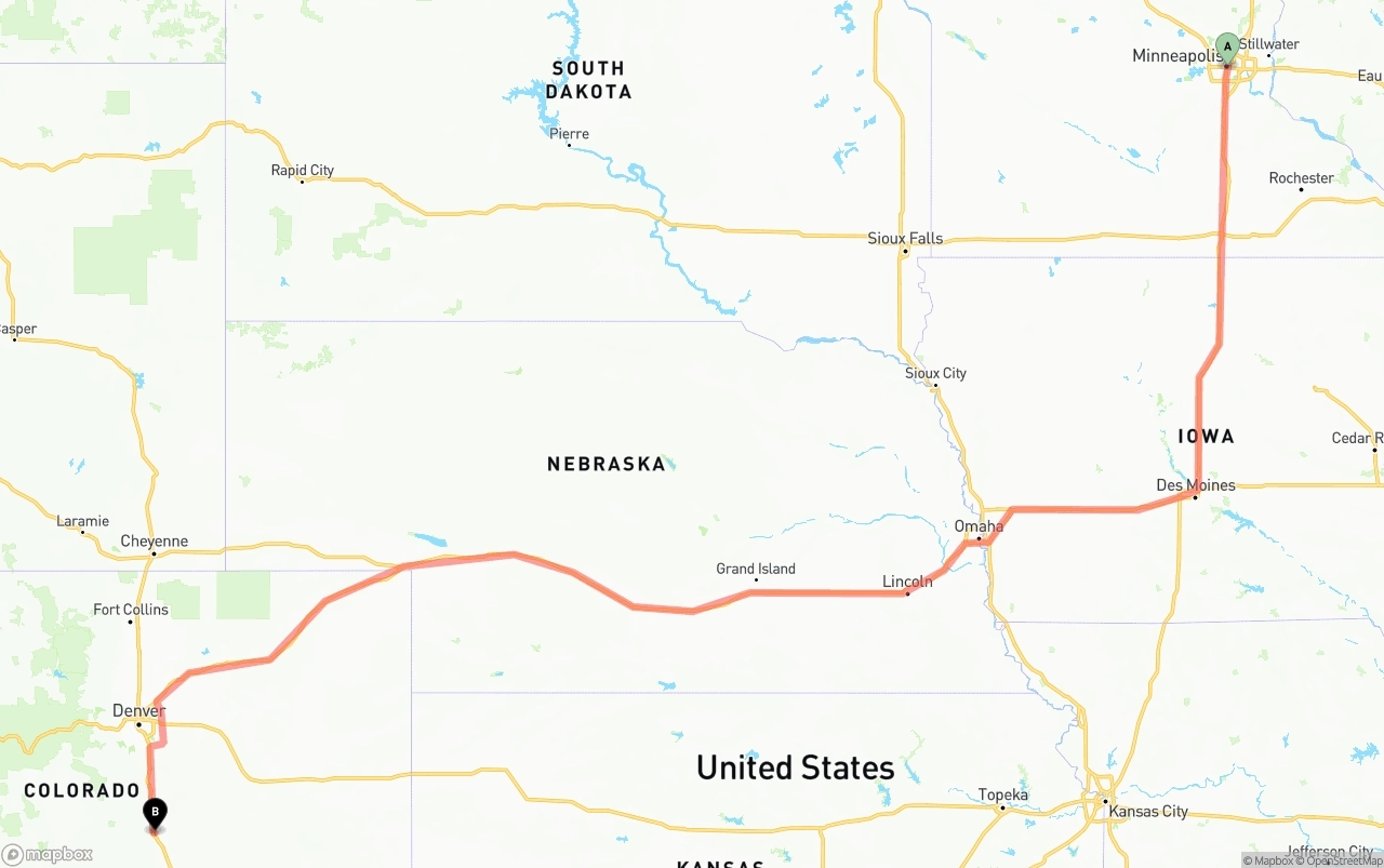 Shipping route from Minneapolis to Colorado Springs