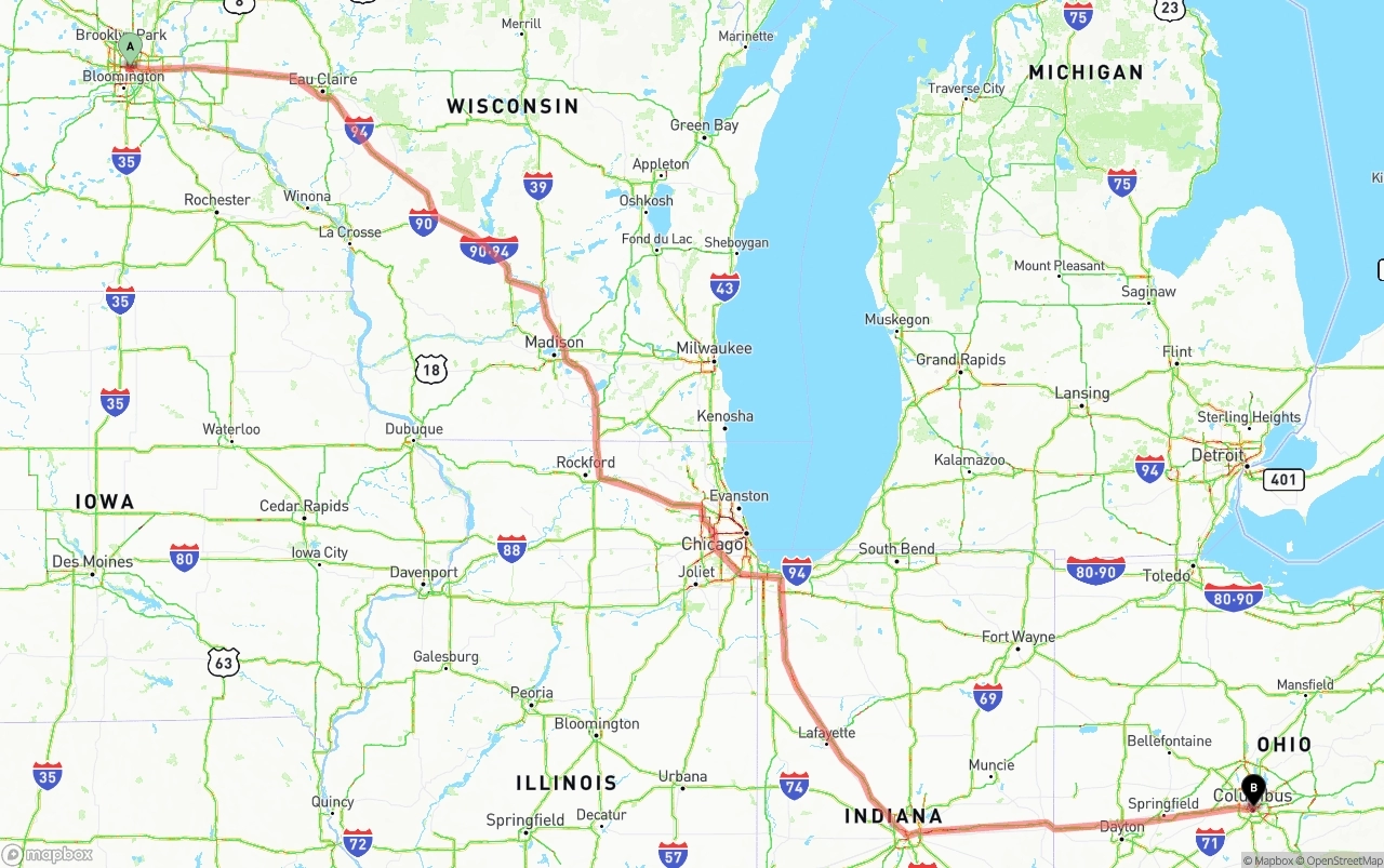 Shipping route from Minneapolis to Columbus